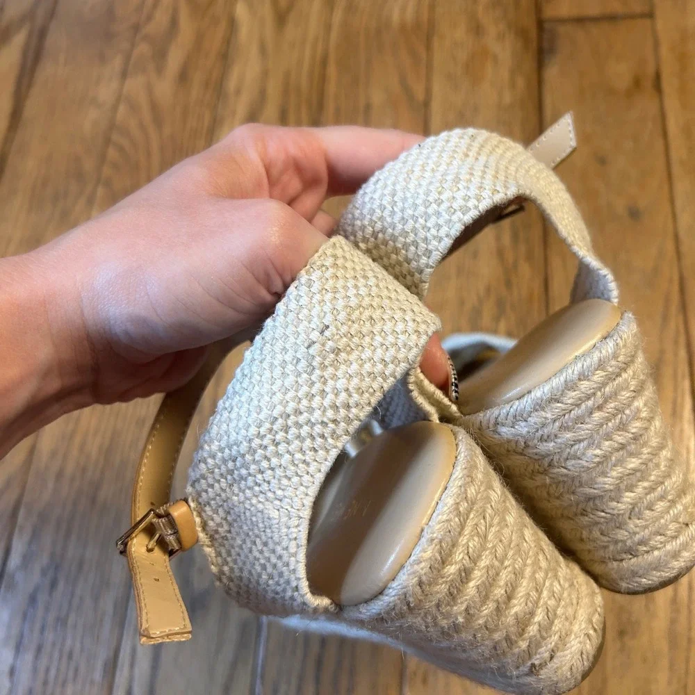 Nine West Jolly Cream Espadrille Wedge Sandals Knotted Bow Ankle Strap 9.5M